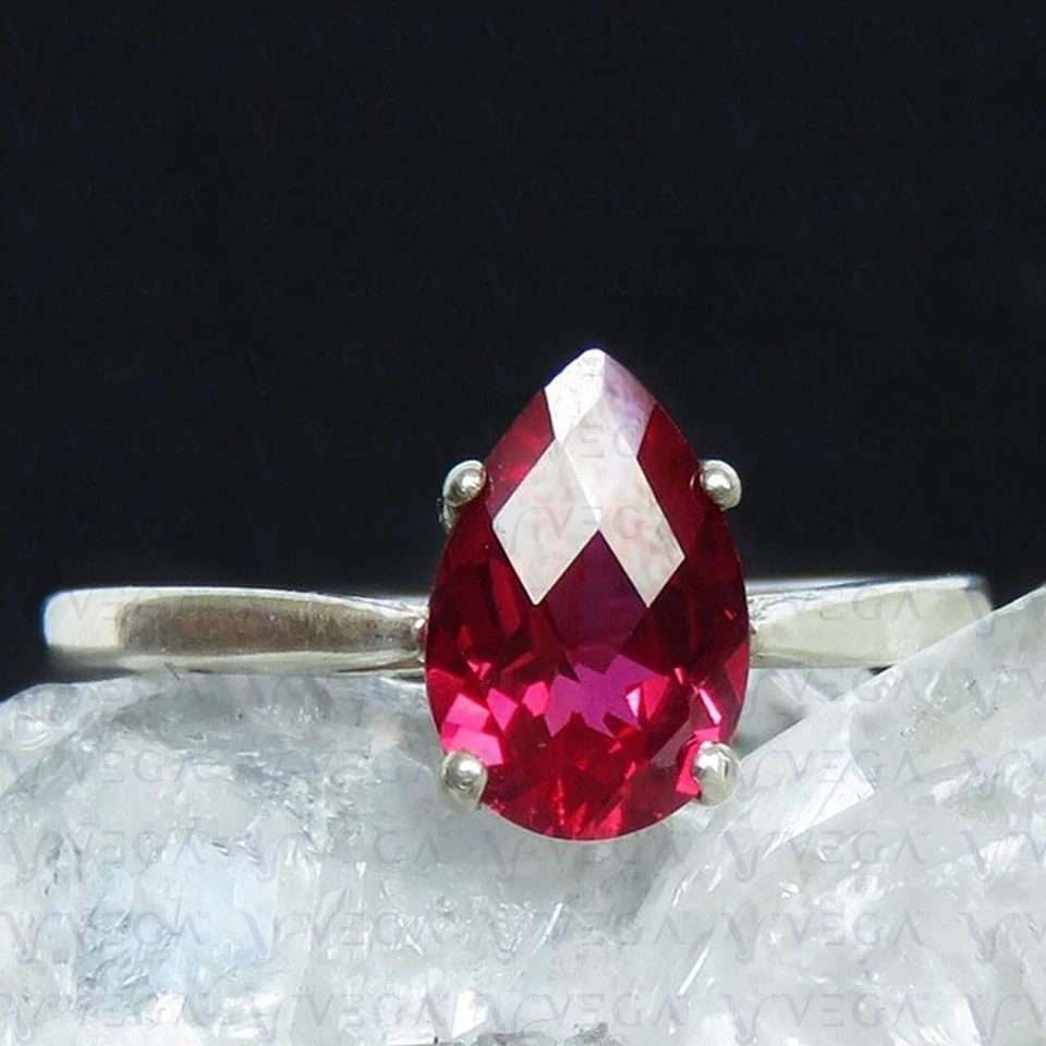4.00 Carat Pear Cut Natural Ruby Solitaire Engagement Ring 18K White Gold Plated - Image 3 of 4