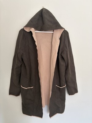 Max Studio Strickjacke mit Kapuze XL grün beige vorne offen Longline Taschen