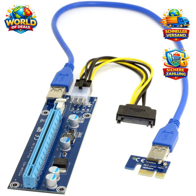 PCI-E 1x-zu-16x Riser Adapter Extender mit USB 3.0 und 6-poligem Netzkabel
