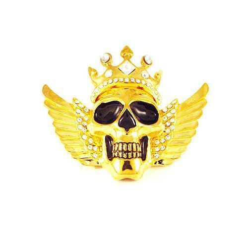 Mens Womens Skull Belt Buckle Skeleton Crown Gold Rhinestone Metal Gothic Tribal