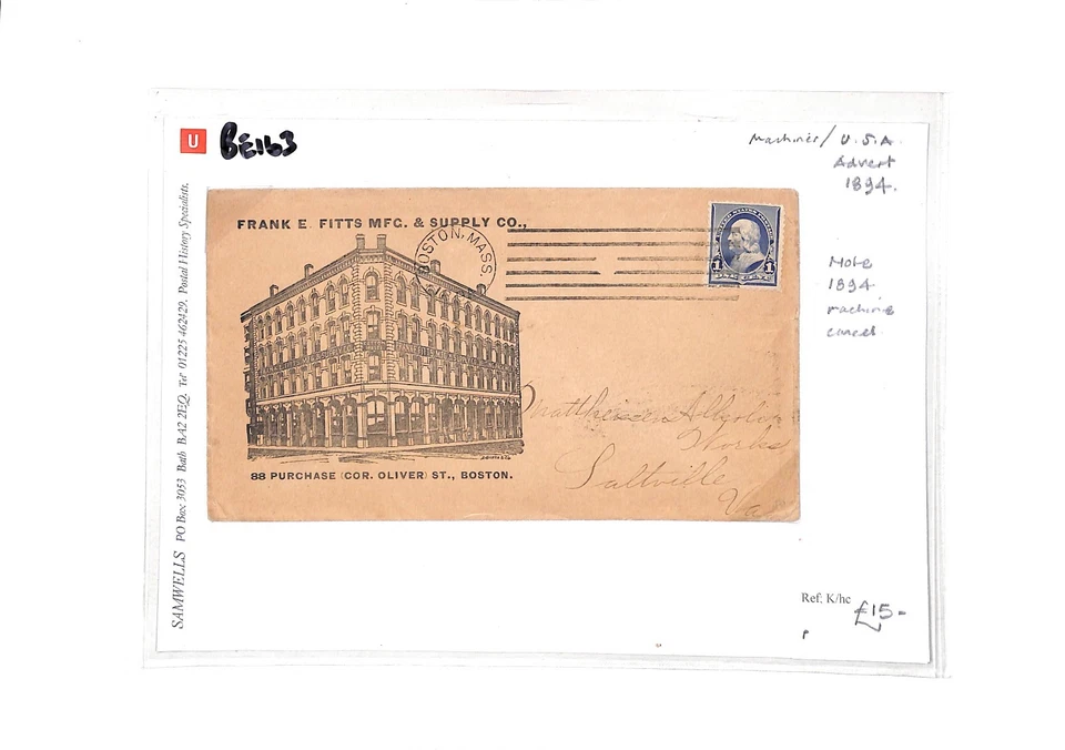 USA Boston *Pitts* ADVERT Cover Machine Cancel 1894 ARCHITECTURE {samwells}BE163 - Image 2 of 2