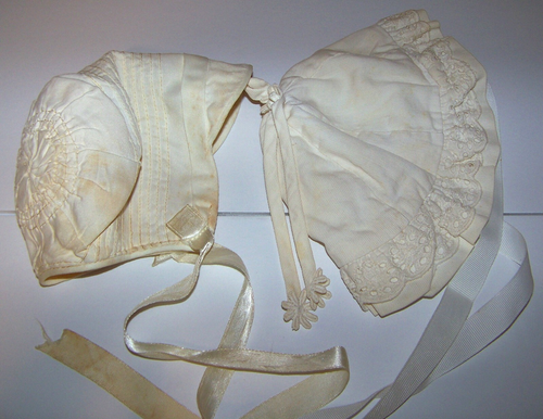 2 Vintage White Baby Bonnet Hats Ties