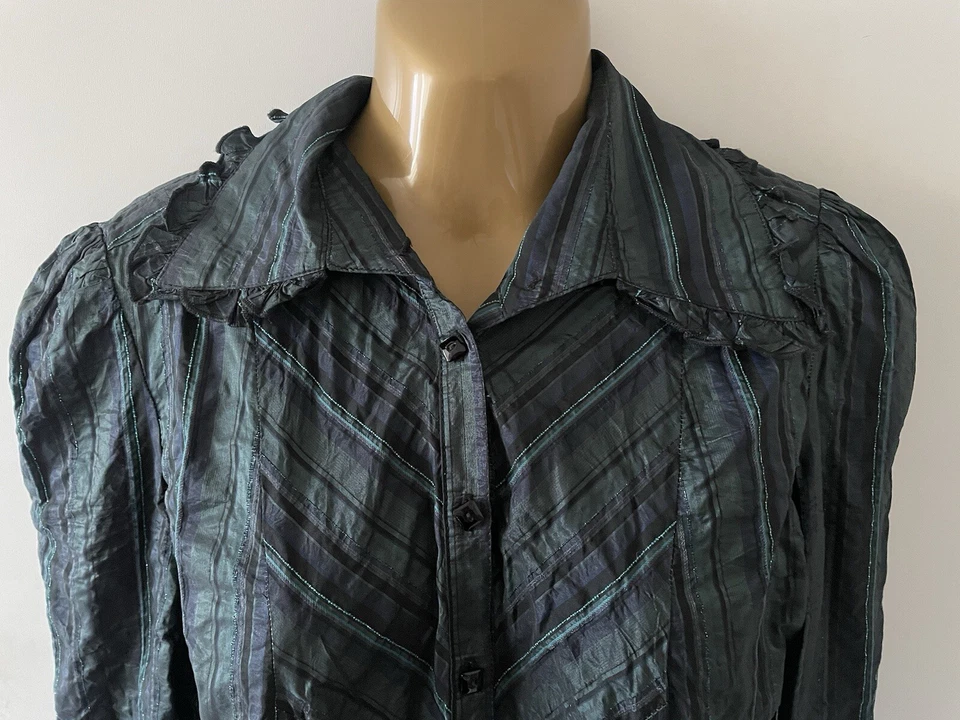 Bebe Slate Blue Metallic Striped Button Ruffle Blouse Shirt Flare USA Made Sz M - Image 3 of 4