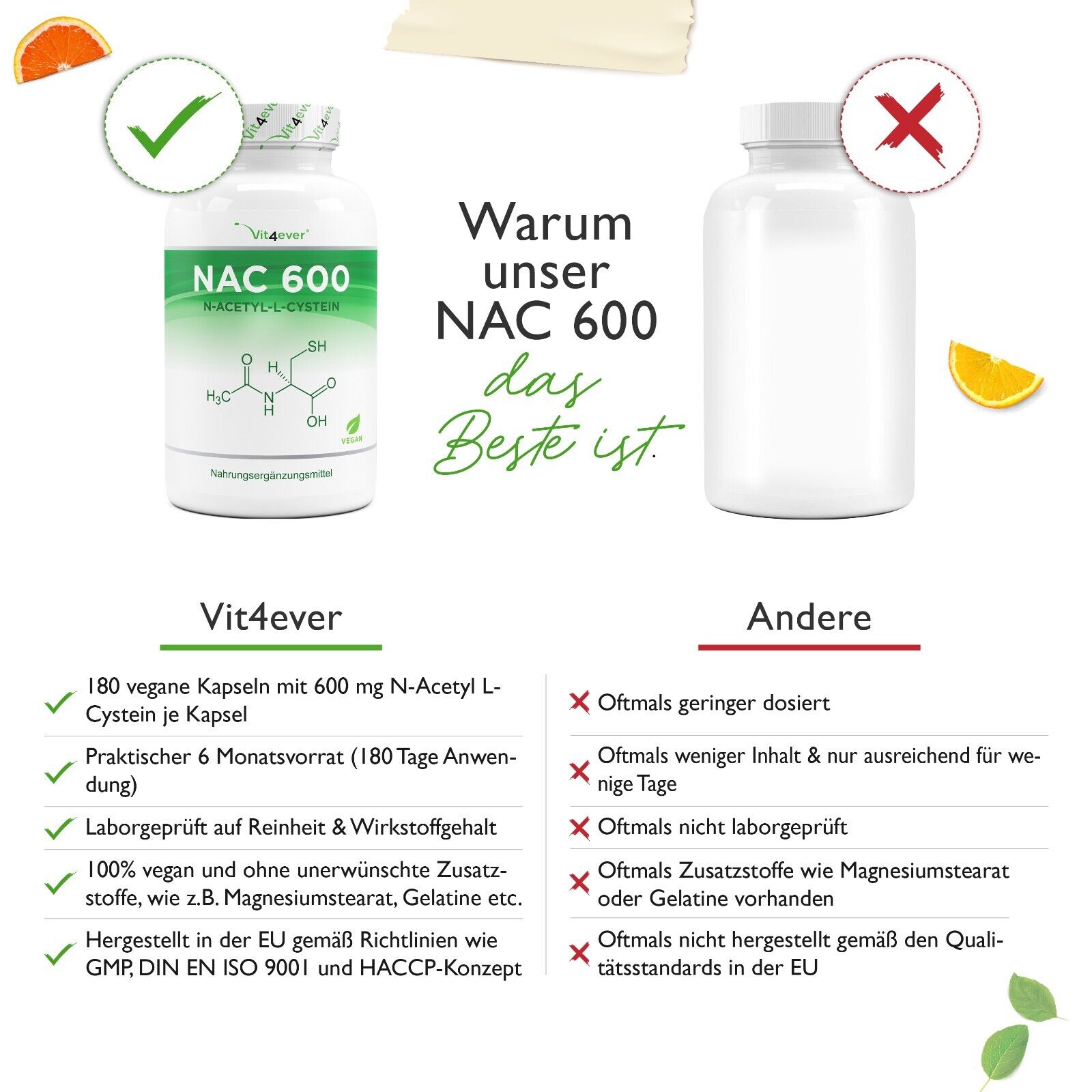NAC - N-Acetyl L-Cystein 180 Kapseln je 600 mg - Hochdosiert Vegan 6 Monate