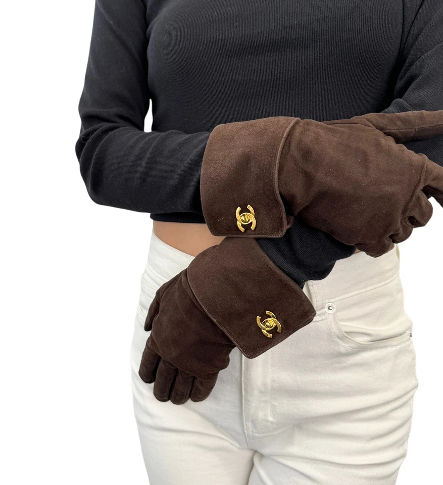 Guantes CC CHANEL Vintage Logo Turnlock #7 Marrón Dorado Gamuza Foto 3 de 4