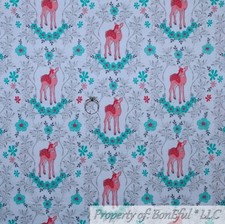 BonEful FABRIC Cotton Quilt White Green Leaf Pink Flower Deer Damask Print SCRAP