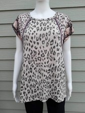 Bibi Women's Leopard Mix Print US Made Raglan Sleevele T-Shirt Crew Neck Size S