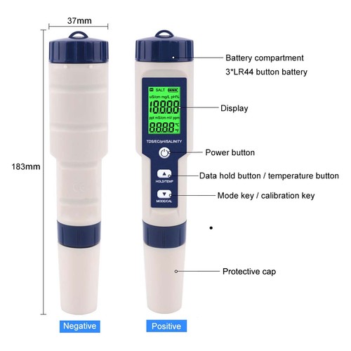 5 in 1 PH Meter TDS EC Salinity Temperature Digital Water Quality Monitor Tester - Picture 9 of 14
