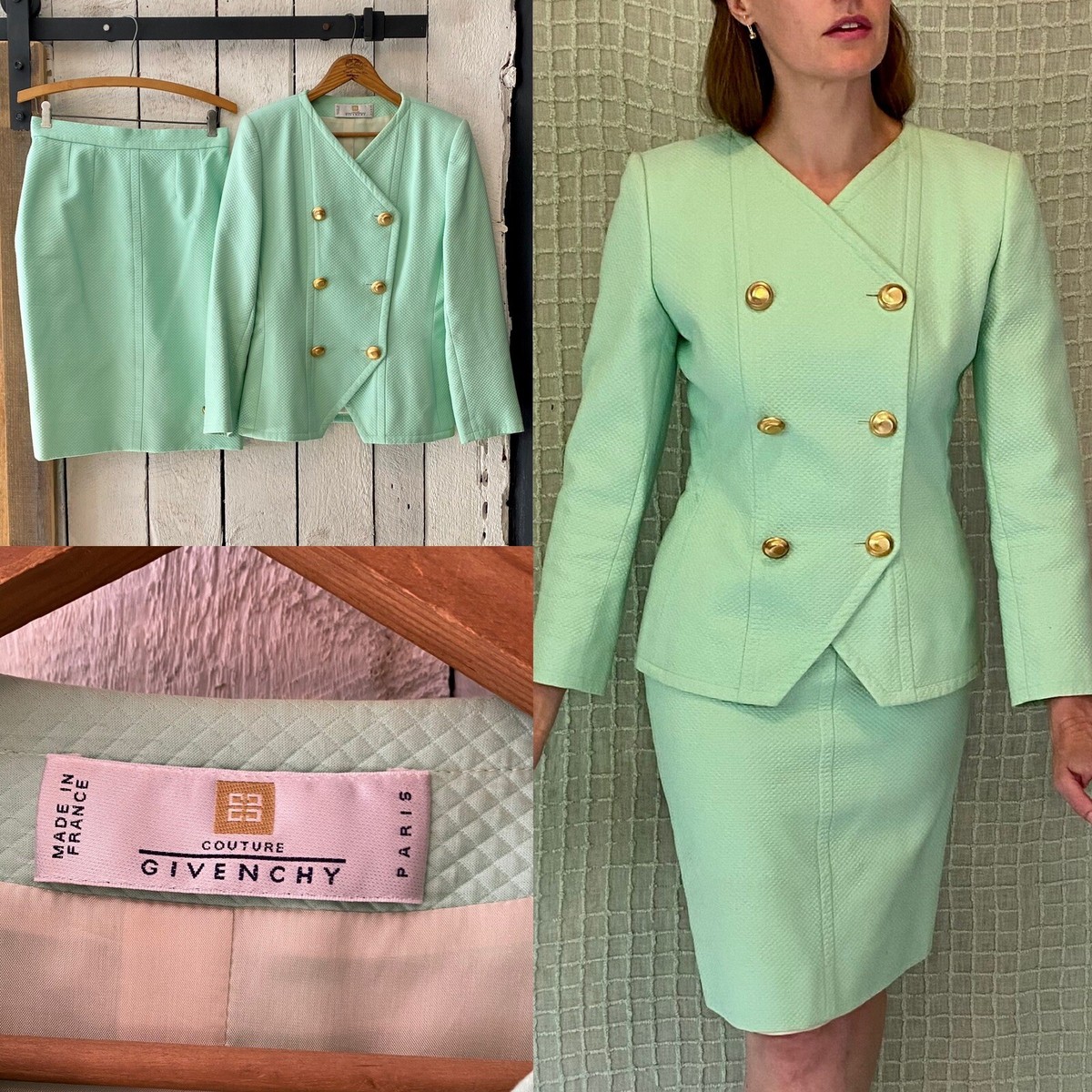 Vintage 80s Sea Foam Green Textured Cotton Skirt Suit by