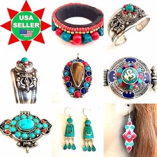 Ethnic Handmade Nepal Tibet  jewelry Earrings Pendants Bracelet Pill box Rings