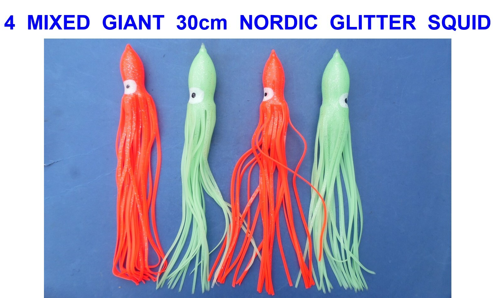 4 MIXED GIANT SQUID 30cm GLITTER MUPPETS BOAT SEA FISHING LURES COD POLLOCK PIRK