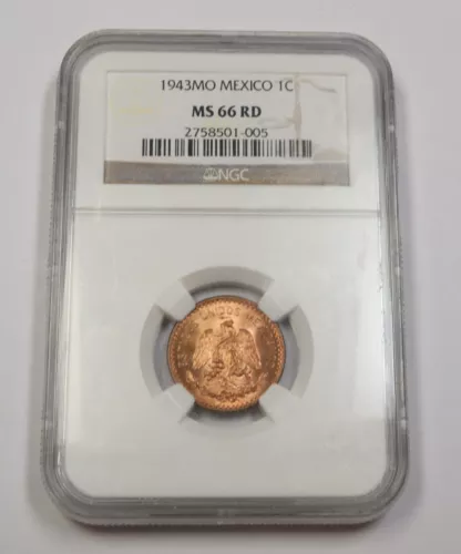 1943 Mo NGC MS66 RD RED | MEXICO - 1 Centavo 1C Coin #40249A