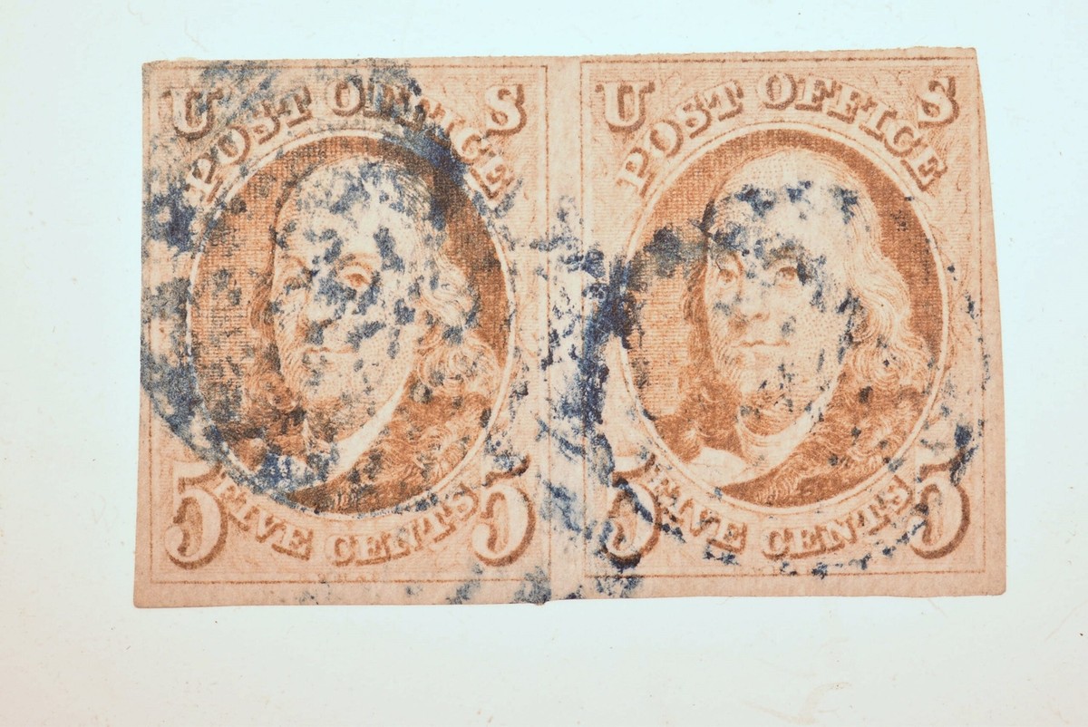 Scott #1b U.S. Stamp 5C Orange-Brown Used Horizontal Pair. PSA