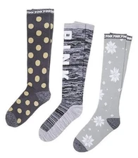 3 PAIRS Victoria's Secret Pink GREY SOCK GIFT SET Knee High Socks Marl PolkaDot