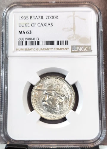 1935 BRAZIL SILVER 2000 REIS DUKE OF CAXIS NGC MS 63 GREAT LUSTER