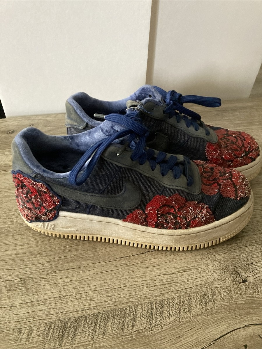 Nike Air Force 1 Floral Rose Sequin Denim Sneakers Shoes Womens