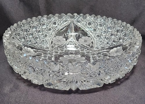 ABP American Brilliant Cut Glass Low Bowl 9 7/8" Sawtooth Floral Buttons Vintage - Picture 3 of 13
