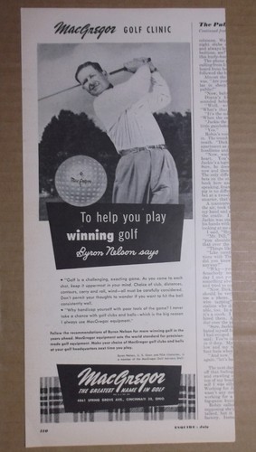 1951 MacGREGOR GOLF CLINIC Magazine AD ~ BYRON NELSON ~ Mennen SKIN BRACER - Picture 1 of 2