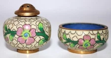 Chinese Cloisonne Enamel Open Salt Pepper Shaker Pink Flowers Beige Never Used