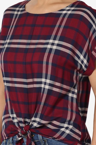 TheMogan Petite Plaid Print Button Back Tie Waist Rolled Short Sleeve Crop Top - Picture 7 of 14