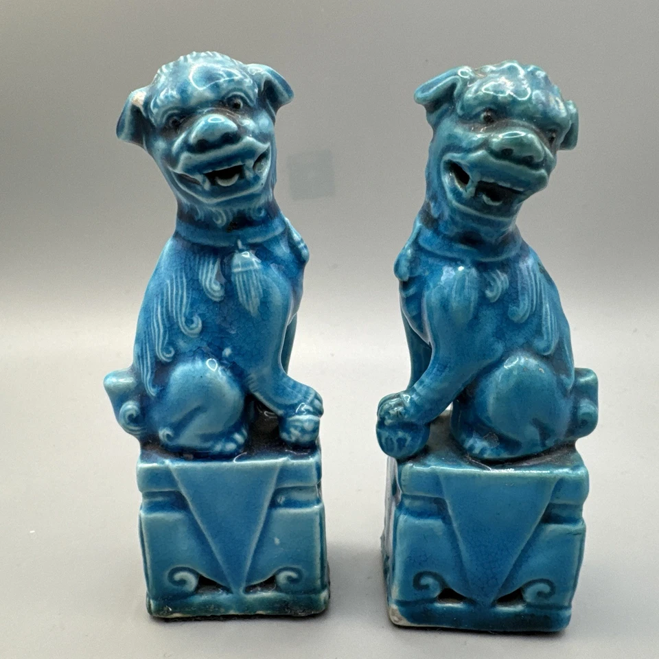 Vintage Pair Chinese Foo Dog Porcelain Mantle Statue Turquoise Ceramic 11cm - Image 3 of 4