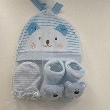 Newborn Bear Beanie Hat Set w/ Mittens Booties Blue White Striped Cotton