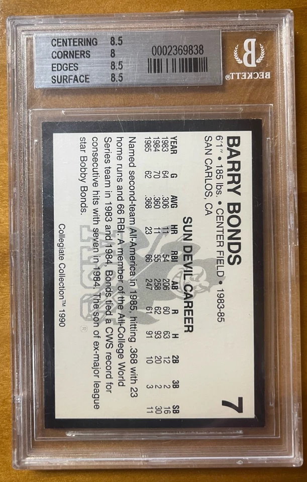 1990-91 Arizona State Collegiate Collection Barry Bonds BLACK BACK #7A BGS 8.5! - Image 2 of 2