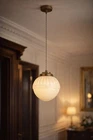 Vintage Milk Glass Pendant Light 9” Globe Brass Canopy Cloth Cord Rewired