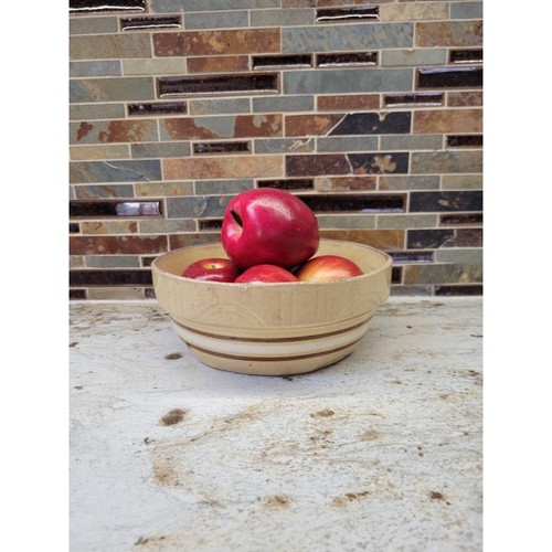 Vintage Oven Ware Bowl, USA, #8 Yellow Ware Pottery, Beige Brown Stripes, Watt?