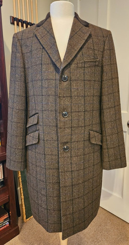 M&S Luxury Abraham Moon 100% Wool Overcoat L 41-43 Brown Windowpane Velvet