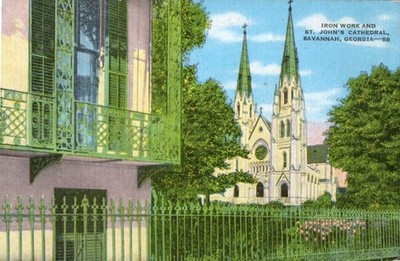 Iron Work & St Johns Cathedral - Savannah Georgia - Coastal News Kropp Postcard