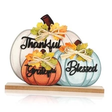 3 Pcs Fall Pumpkin Decor Wooden Table Sign Thankful Large Blue White Orange