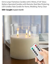 Eywamage 3 Wick Clear Glass Flameless Candle with Remote, 