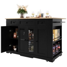 Black Kitchen Island Cabinet Trolley w/ Wood Grain Worktop, Cupboards & Drawers