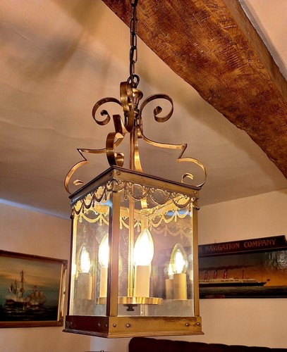 Beautiful Large French Square Brass & Glass Antique Hall Lantern/ Chandelier VGC - Picture 4 of 9