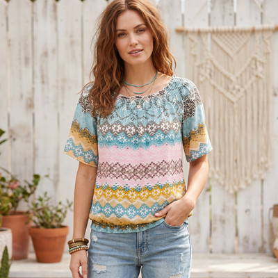 Coral Bay Abstract Top PXL Smocked Whimsigoth SS Tropical Eclectic Mosaic Ikat