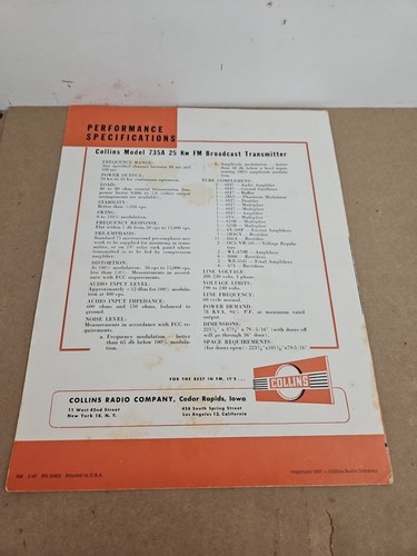 1947 COLLINS RADIO 735A FM BROADCAST TRANSMITTER BROCHURE ADVERTISING 1947 - Picture 2 of 4