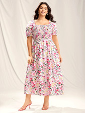 BloomChic Plus Size 18 20 White Pink Shirred Floral Print Pockets Maxi DRESS