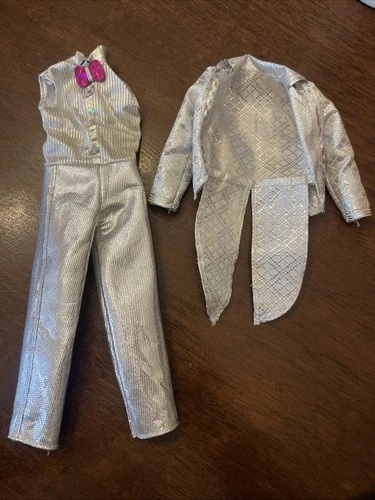 Vintage Ken Doll Silver Tuxedo Outfit Metallic Suit w/ Pink Bow Tie Mattel