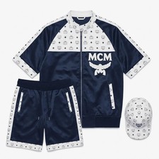 MCM Inspired Blue White Leather Tracksuit Set Short Sleeve Jacket Shorts Hat