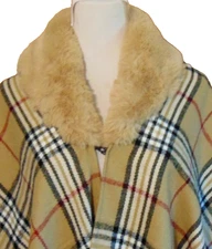 V. FRAAS Womens Faux Fur Collar Plaid Cape Shawl TAN MULTI COLOR Poncho (L-2X)