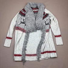 Knox Rose Women's Fair Isle Reindeer Cardigan Cozy Shawl Collar Fringe M