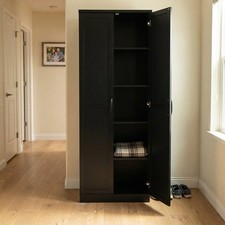 Wooden Storage Cabinet Tall Cupboard Sideboard Black 177cm Freestanding