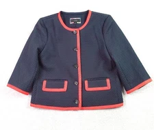 J.Crew Jacket Womens 8 Navy Blue Textured Basic Button Up Red Trim Lined NWT