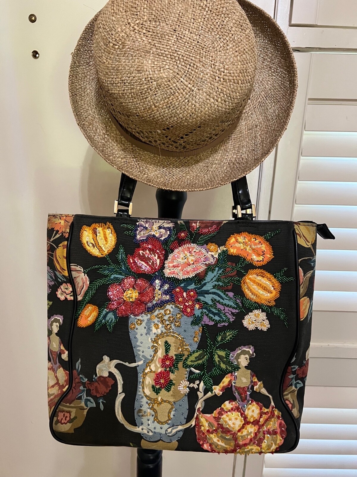 Braciano vintage brown beaded colorful toile handbag with double handles