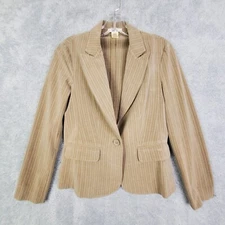 Vtg 90s Womens Blazer Jacket Size 3 Beige Pin Stripe Peak Collar Poly Rayon
