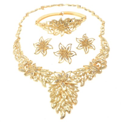 Gold Tone Gold Plated Metal Necklace Bracelet Earring Set HQX502-GLD