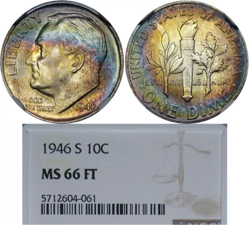 1946-S 10C NGC MS66FT ROOSEVELT ~ TWO-SIDED RAINBOWS & INVERTED S?
