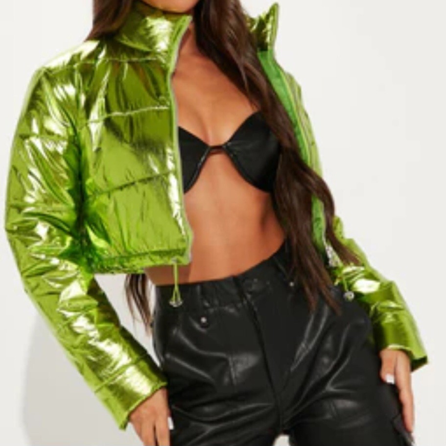 FASHION NOVA CROPPED SHOW TIME PUFFER JACKET METALLIC LIME GREEN