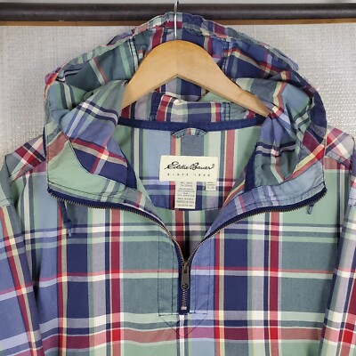 VTG EDDIE BAUER Size Large Madras Plaid Cotton 1/2 Zip Anorak  